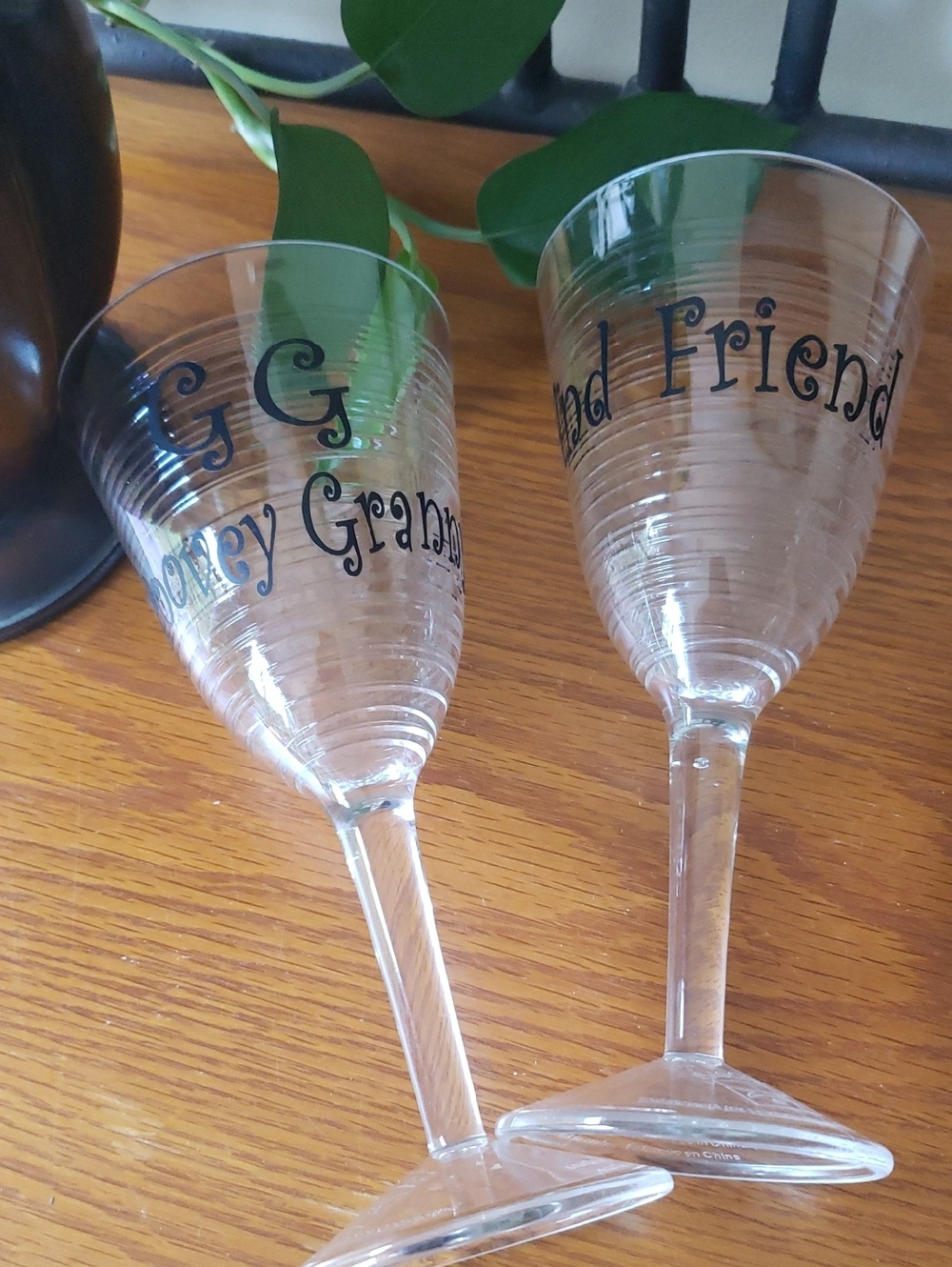 "Groovy Granny" & "And Friend" Monogrammed Clear Plastic Wine Glasses (Set-2)